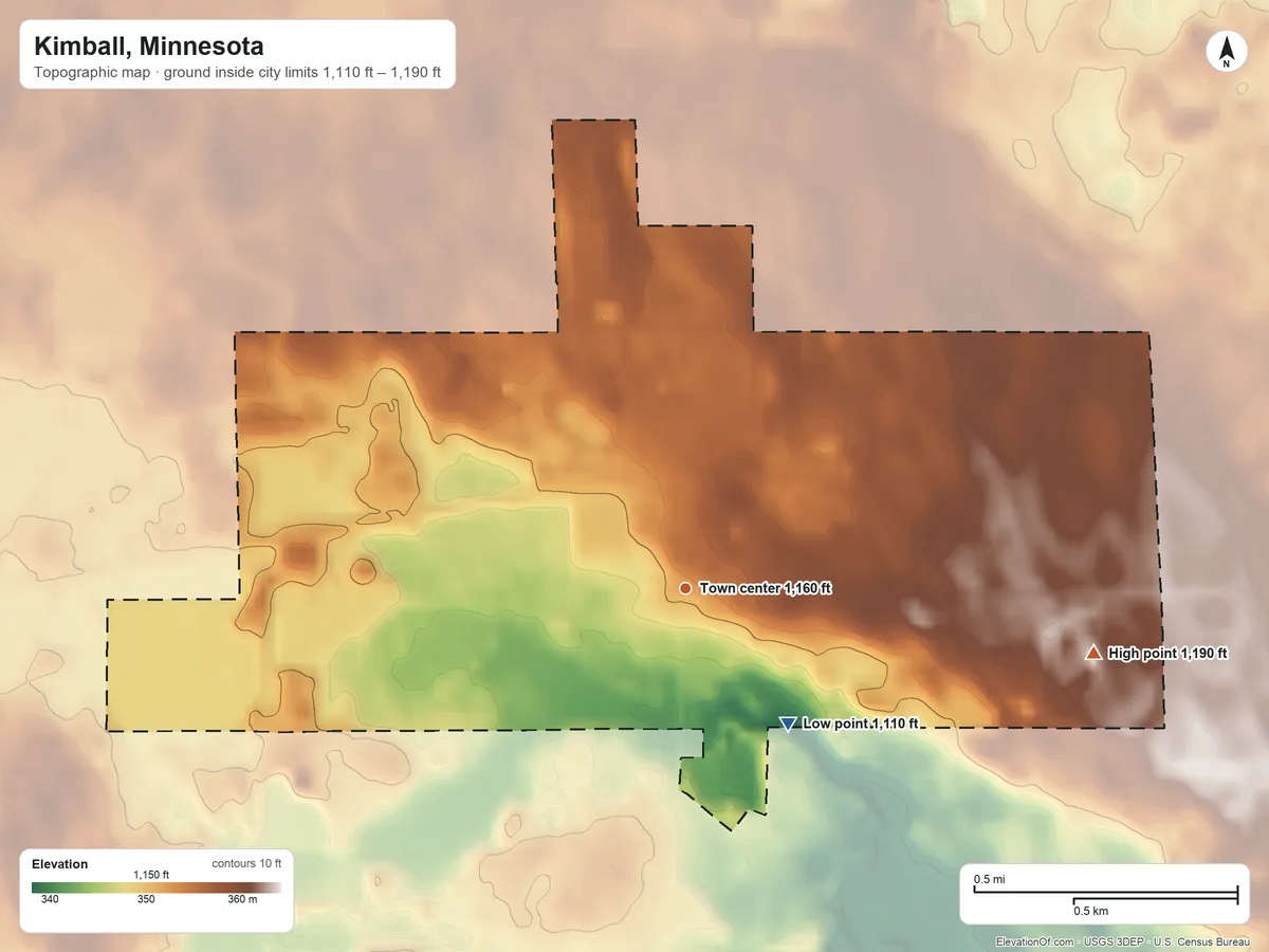 Topographic elevation map of Kimball, Minnesota, shaded from 1,110 ft on the southeast side to 1,190 ft on the east side