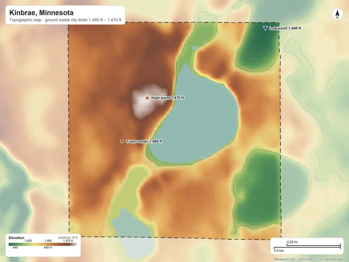 Topographic elevation map of Kinbrae, Minnesota, shaded from 1,440 ft on the northeast side to 1,470 ft on the northeast side