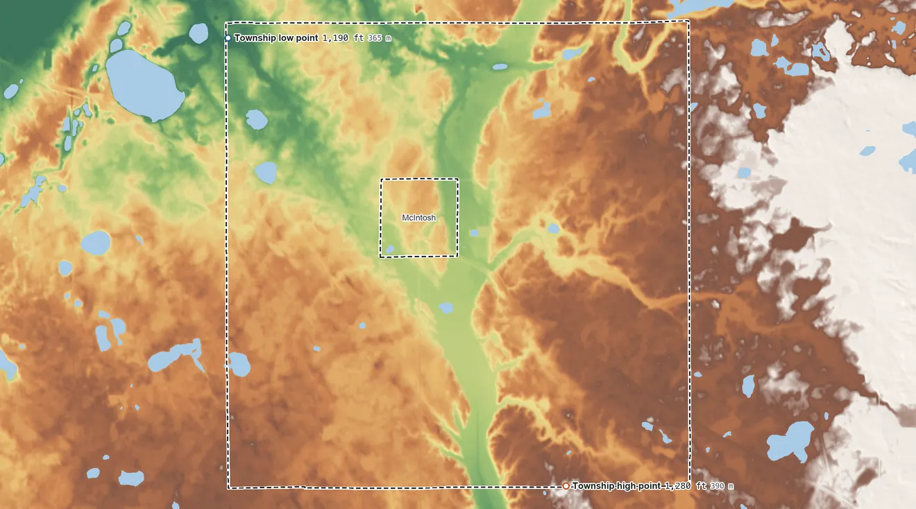 Topographic elevation map of King Township, Minnesota, shaded from 1,190 ft on the northwest side to 1,280 ft on the southeast side