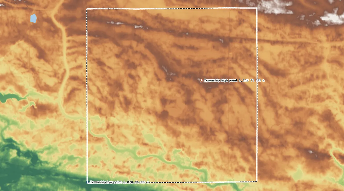 Topographic elevation map of Kingman Township, Minnesota, shaded from 1,070 ft on the southwest side to 1,140 ft on the northeast side
