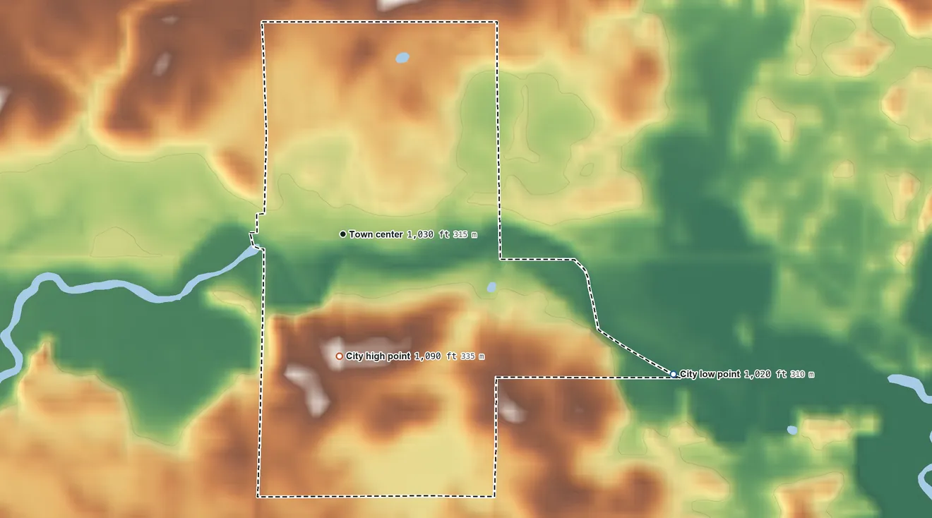 Topographic elevation map of Kingston, Minnesota, shaded from 1,020 ft on the southeast side to 1,090 ft on the south side
