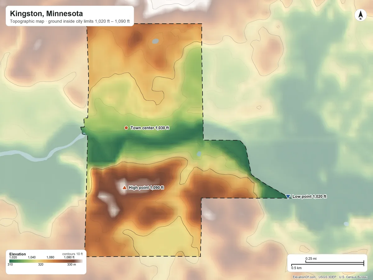 Topographic elevation map of Kingston, Minnesota, shaded from 1,020 ft on the southeast side to 1,090 ft on the south side