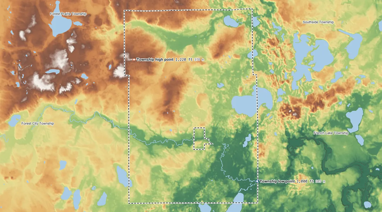 Topographic elevation map of Kingston Township, Minnesota, shaded from 1,000 ft on the southeast side to 1,220 ft on the northwest side