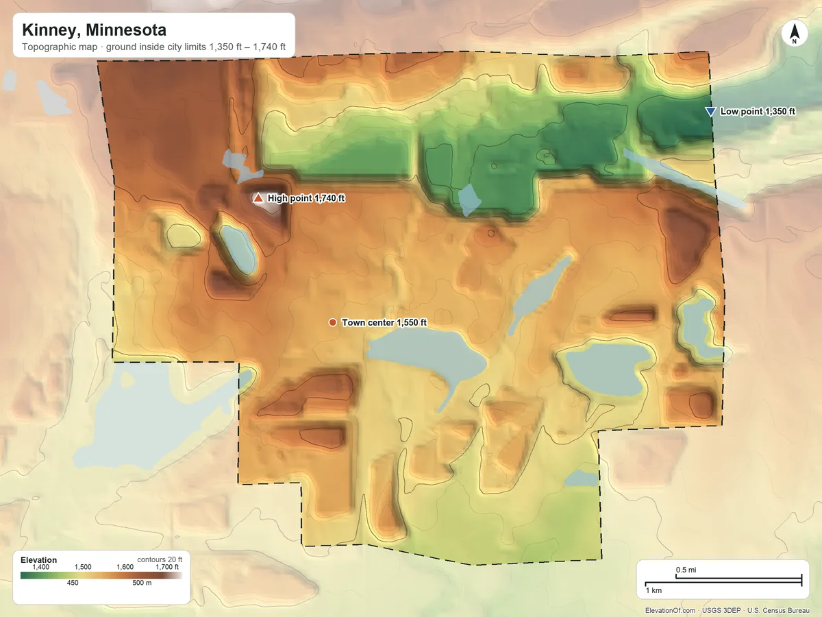 Topographic elevation map of Kinney, Minnesota, shaded from 1,350 ft on the northeast side to 1,740 ft on the northwest side