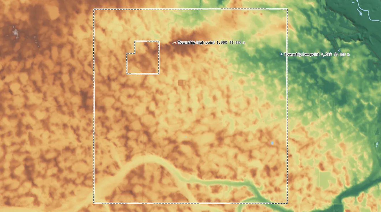 Topographic elevation map of Kintire Township, Minnesota, shaded from 1,020 ft on the northeast side to 1,090 ft on the northwest side