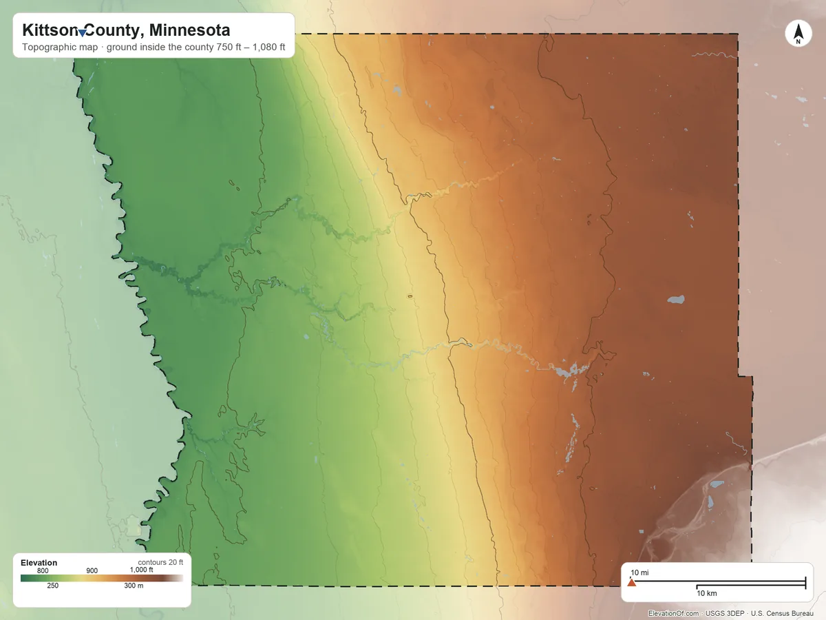 Topographic elevation map of Kittson County, Minnesota, shaded from 750 ft on the northwest side to 1,080 ft on the southeast side