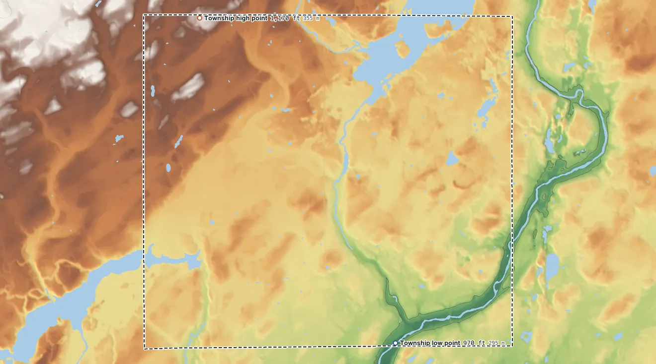 Topographic elevation map of Knife Lake Township, Minnesota, shaded from 970 ft on the south side to 1,170 ft on the northwest side