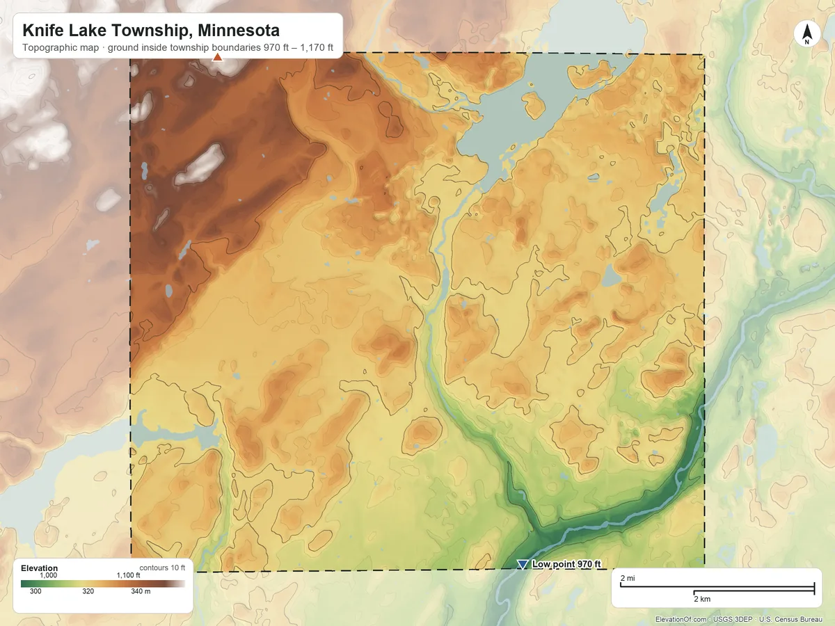 Topographic elevation map of Knife Lake Township, Minnesota, shaded from 970 ft on the south side to 1,170 ft on the northwest side