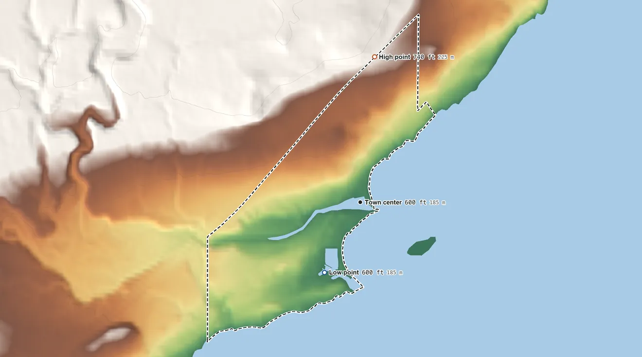 Topographic elevation map of Knife River, Minnesota, shaded from 600 ft on the southwest side to 740 ft on the north side