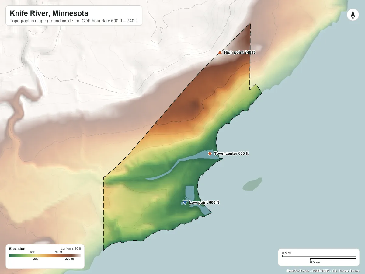 Topographic elevation map of Knife River, Minnesota, shaded from 600 ft on the southwest side to 740 ft on the north side