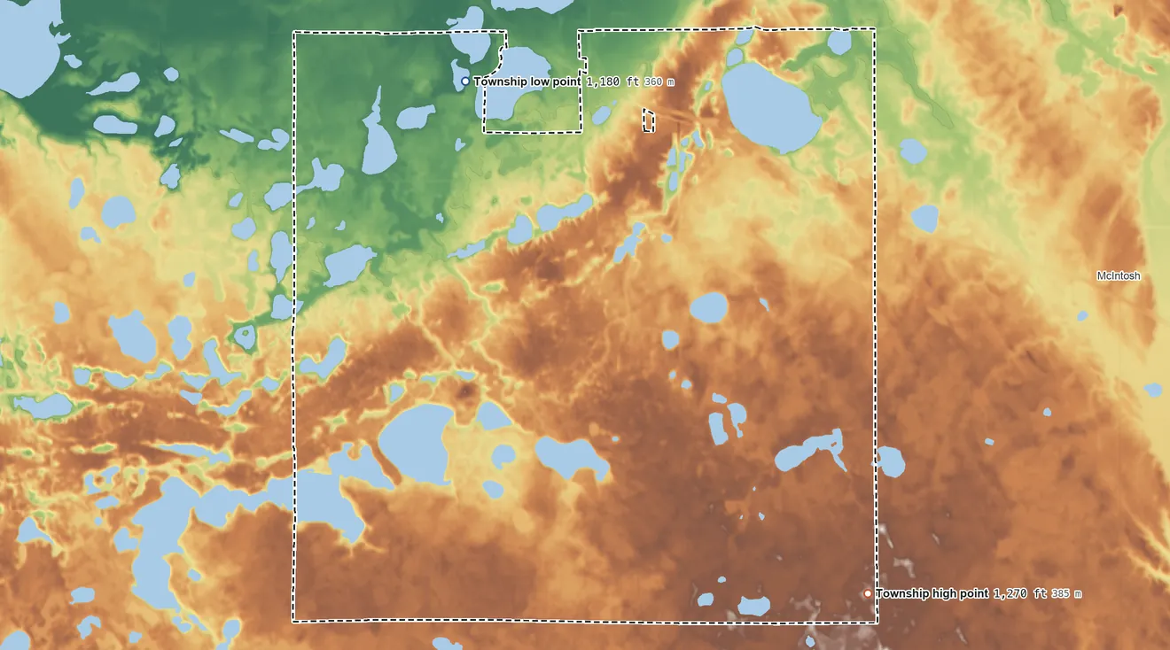 Topographic elevation map of Knute Township, Minnesota, shaded from 1,180 ft on the north side to 1,270 ft on the southeast side
