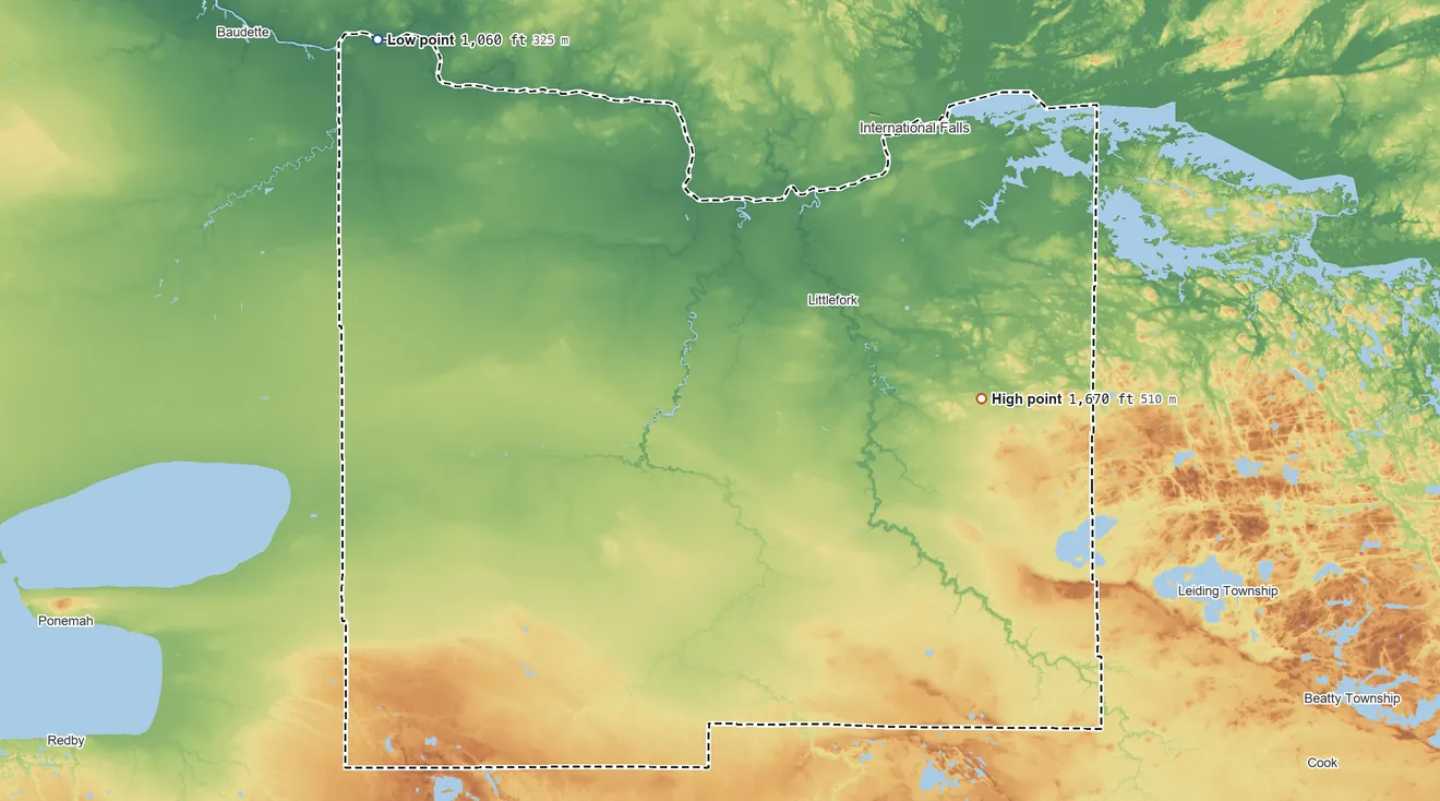 Topographic elevation map of Koochiching County, Minnesota, shaded from 1,060 ft on the northwest side to 1,670 ft on the east side