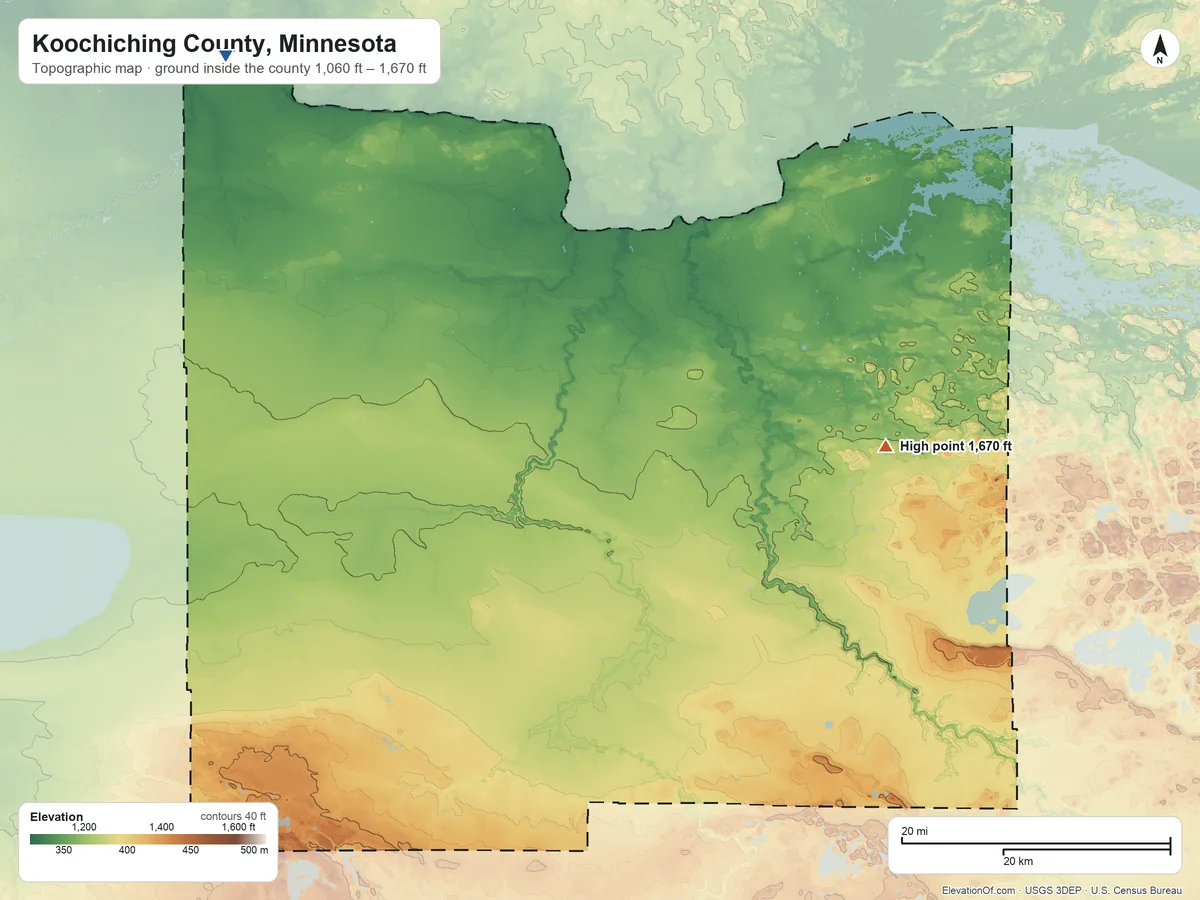 Topographic elevation map of Koochiching County, Minnesota, shaded from 1,060 ft on the northwest side to 1,670 ft on the east side