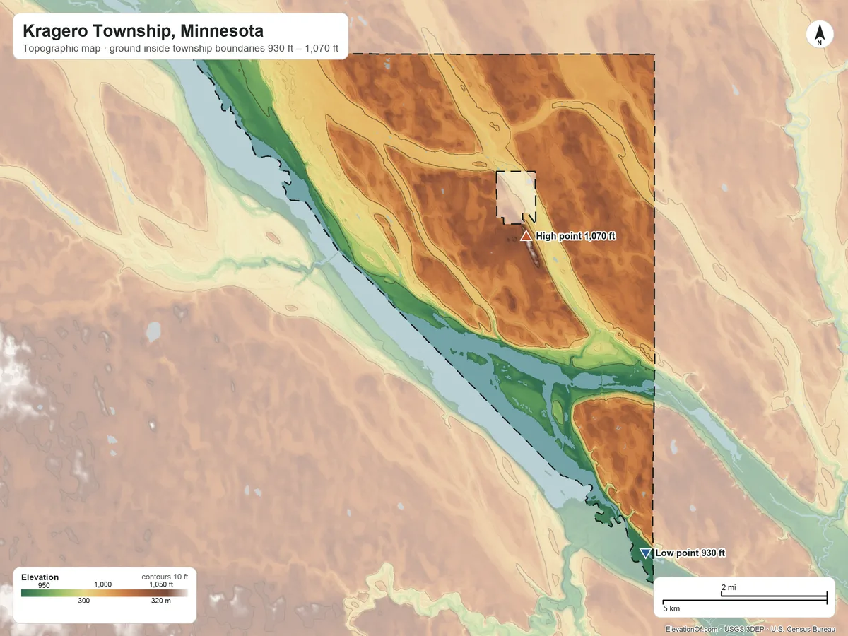 Topographic elevation map of Kragero Township, Minnesota, shaded from 930 ft on the south side to 1,070 ft near the middle