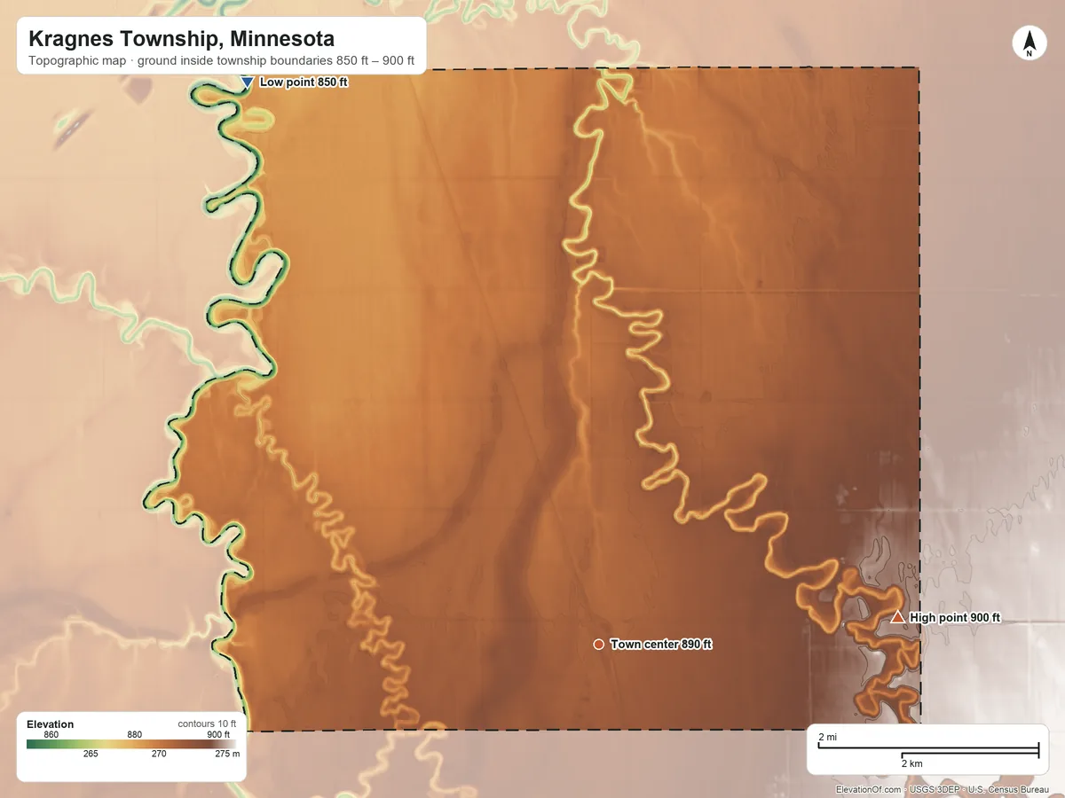 Topographic elevation map of Kragnes Township, Minnesota, shaded from 850 ft on the northwest side to 900 ft on the east side