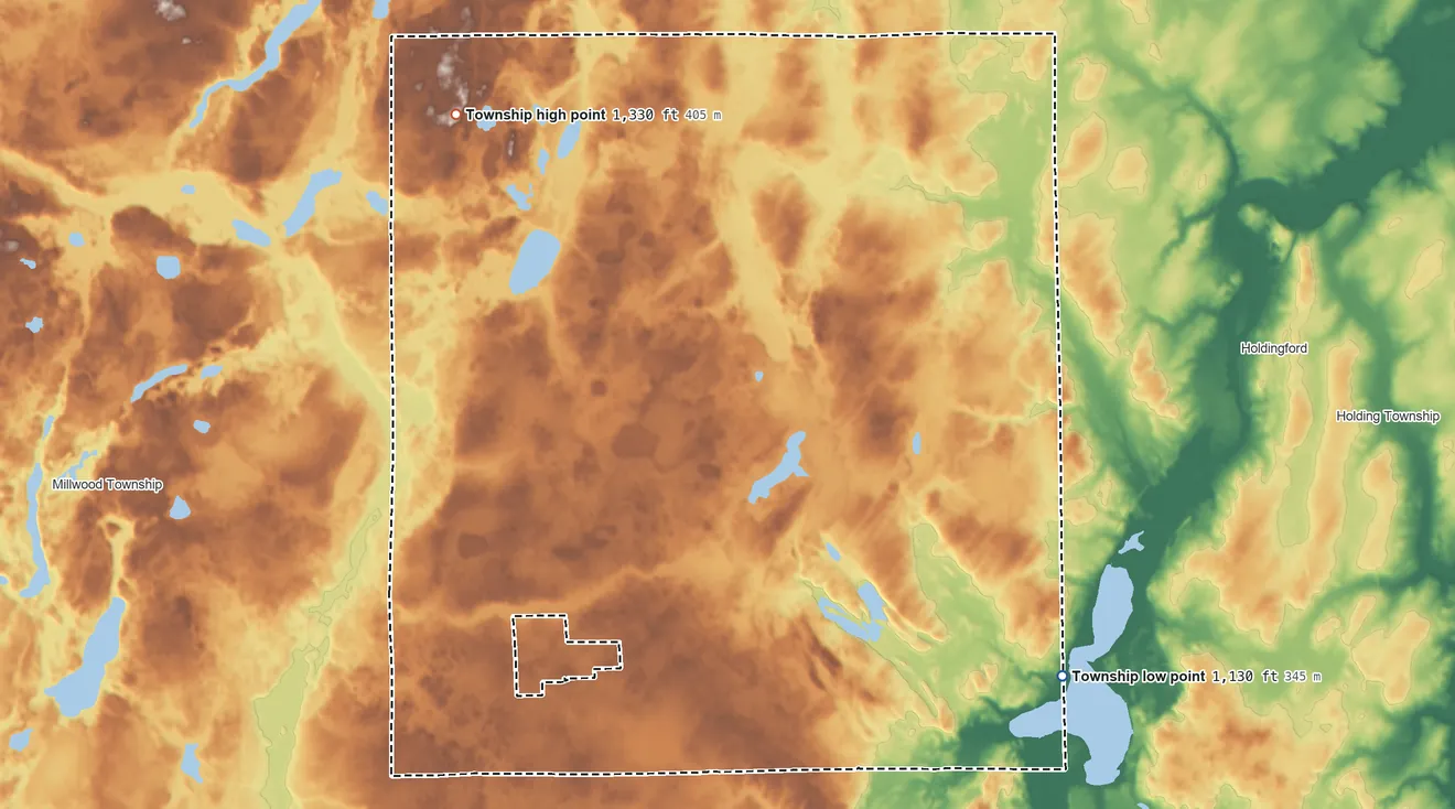 Topographic elevation map of Krain Township, Minnesota, shaded from 1,130 ft on the southeast side to 1,330 ft on the northwest side