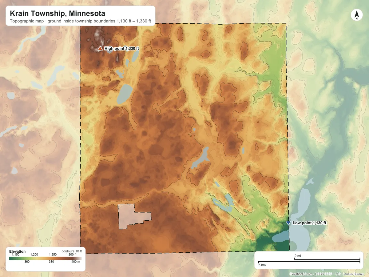 Topographic elevation map of Krain Township, Minnesota, shaded from 1,130 ft on the southeast side to 1,330 ft on the northwest side