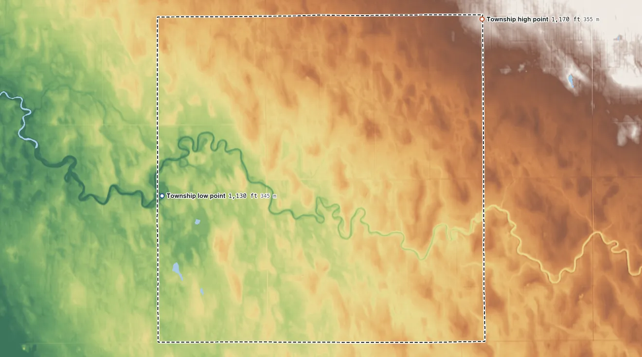 Topographic elevation map of Kratka Township, Minnesota, shaded from 1,130 ft on the west side to 1,170 ft on the northeast side