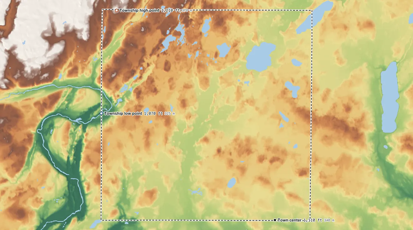 Topographic elevation map of Kroschel Township, Minnesota, shaded from 1,070 ft on the northwest side to 1,210 ft on the northwest side
