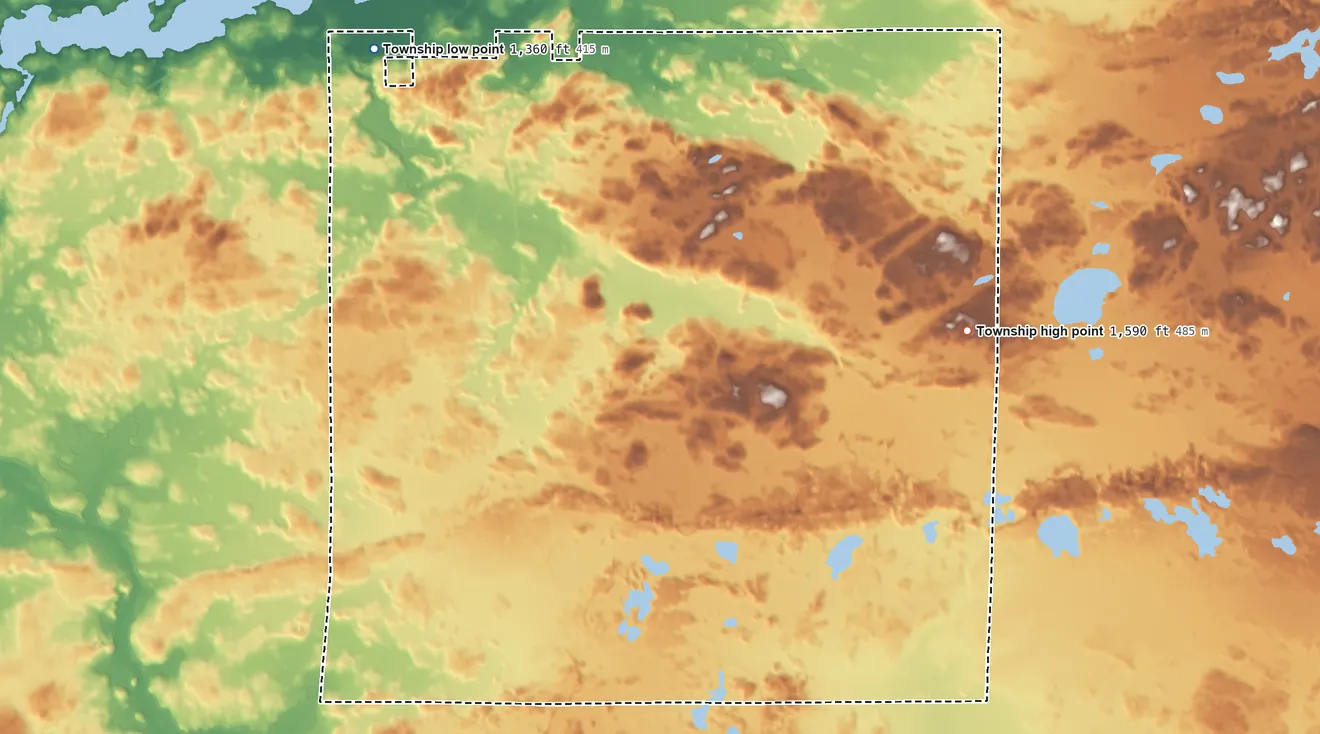 Topographic elevation map of Kugler Township, Minnesota, shaded from 1,360 ft on the northwest side to 1,590 ft on the east side