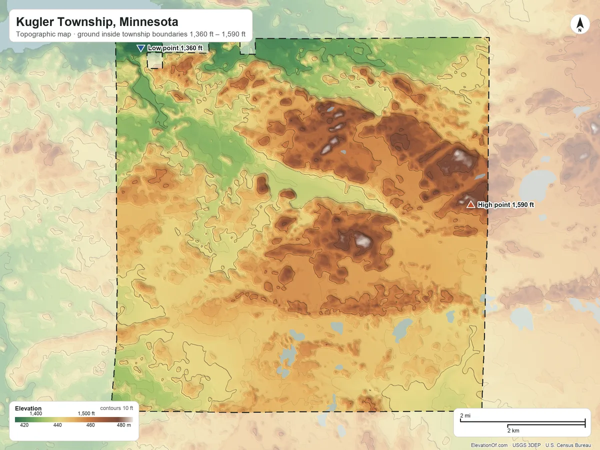 Topographic elevation map of Kugler Township, Minnesota, shaded from 1,360 ft on the northwest side to 1,590 ft on the east side