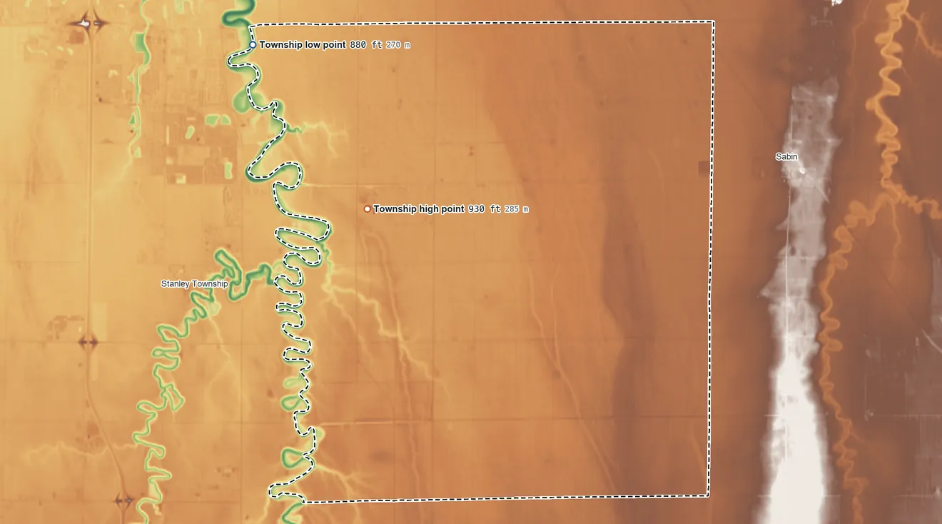 Topographic elevation map of Kurtz Township, Minnesota, shaded from 880 ft on the northwest side to 930 ft on the northwest side