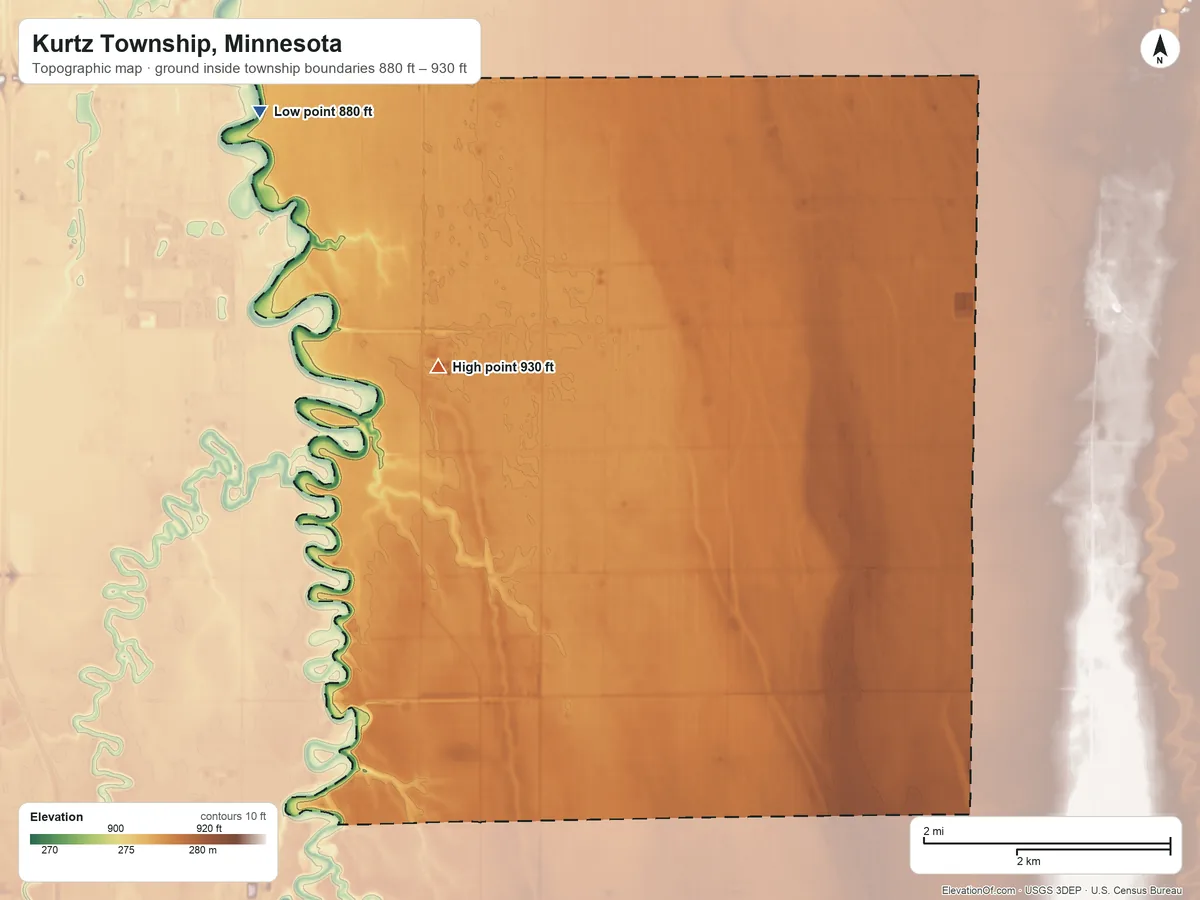 Topographic elevation map of Kurtz Township, Minnesota, shaded from 880 ft on the northwest side to 930 ft on the northwest side
