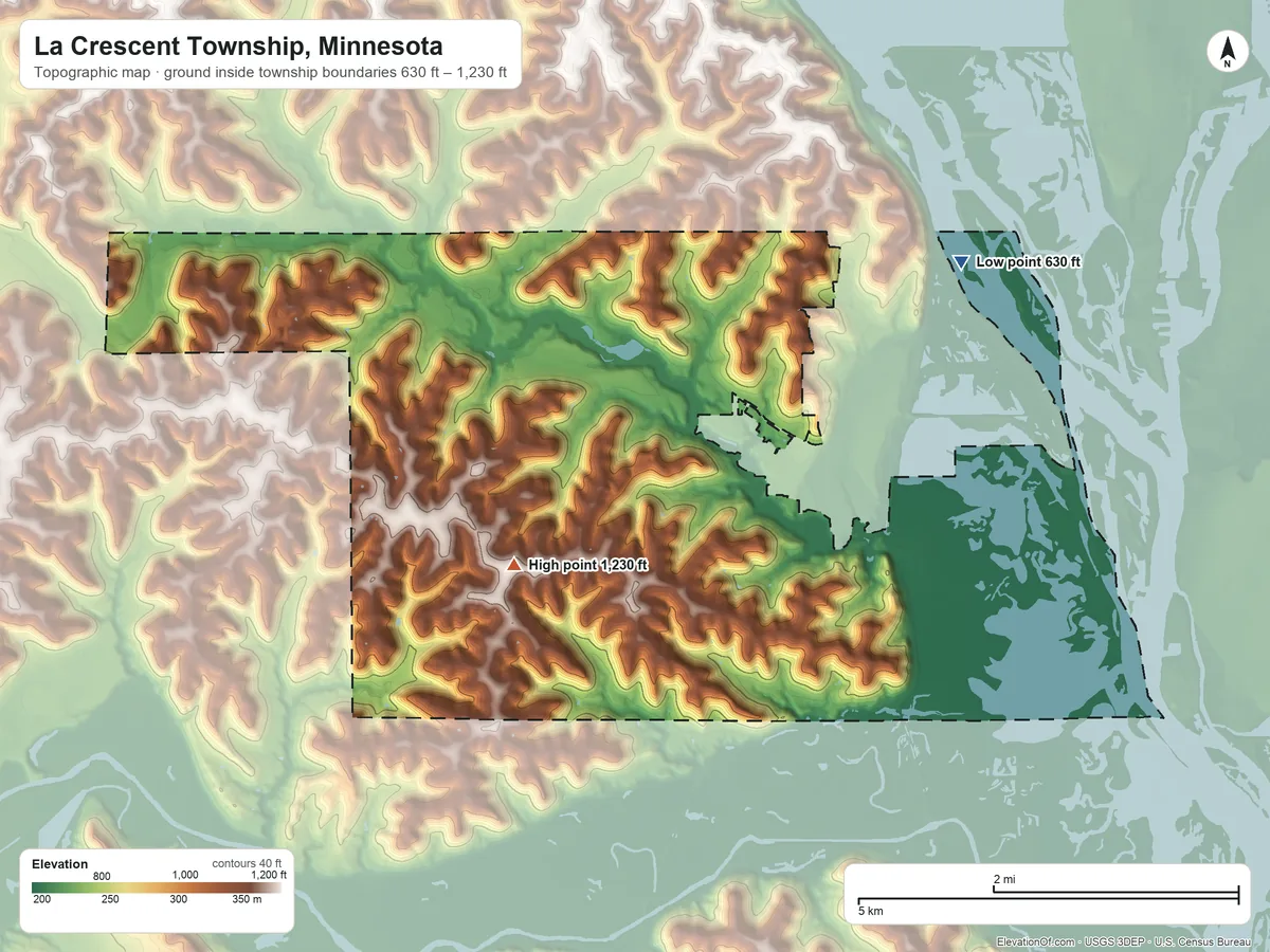 Topographic elevation map of La Crescent Township, Minnesota, shaded from 630 ft on the east side to 1,230 ft on the southwest side