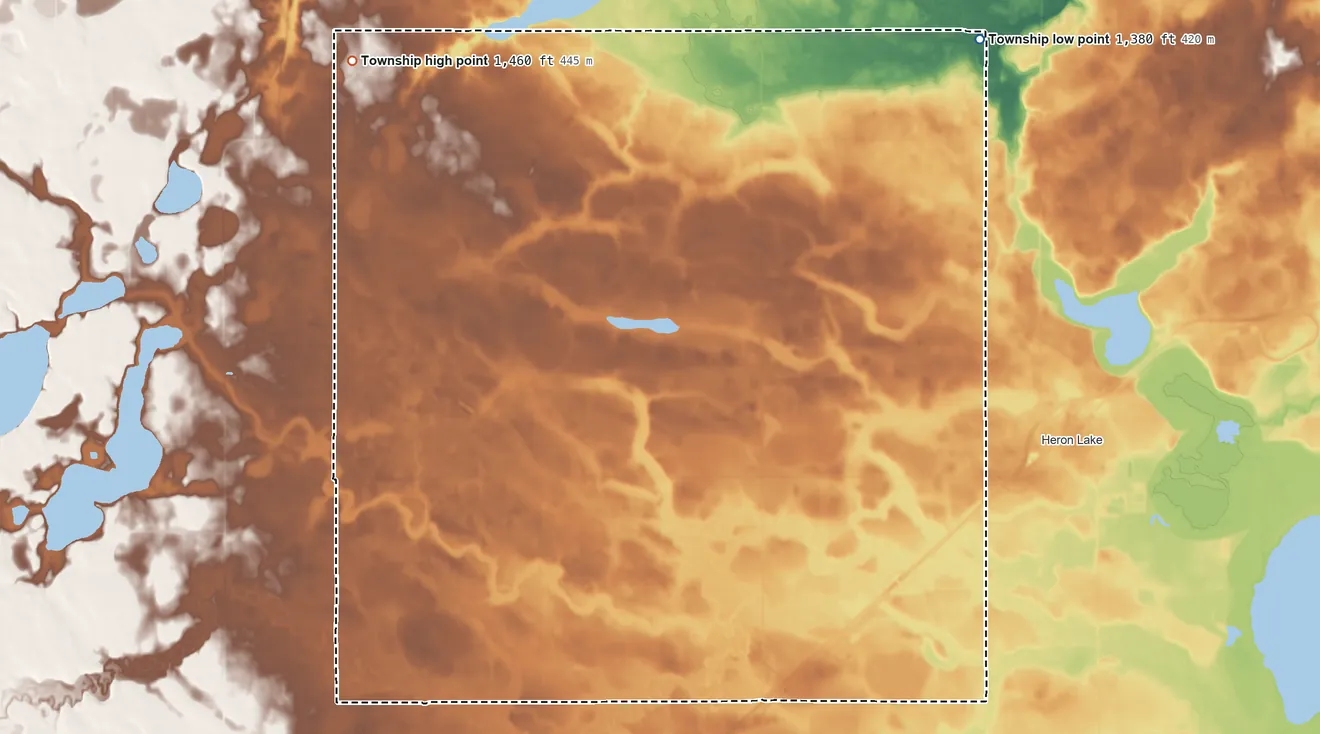 Topographic elevation map of La Crosse Township, Minnesota, shaded from 1,380 ft on the northeast side to 1,460 ft on the northwest side