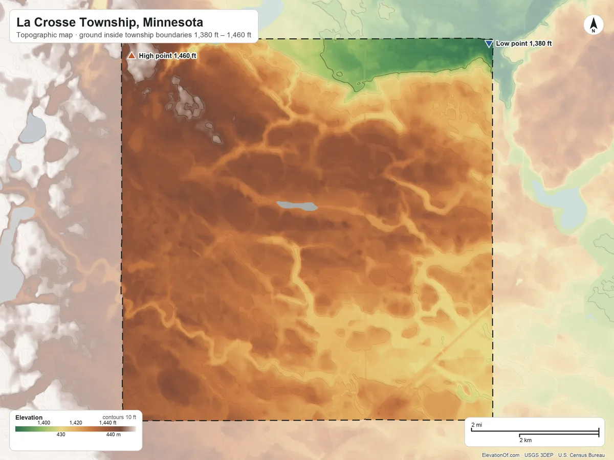 Topographic elevation map of La Crosse Township, Minnesota, shaded from 1,380 ft on the northeast side to 1,460 ft on the northwest side