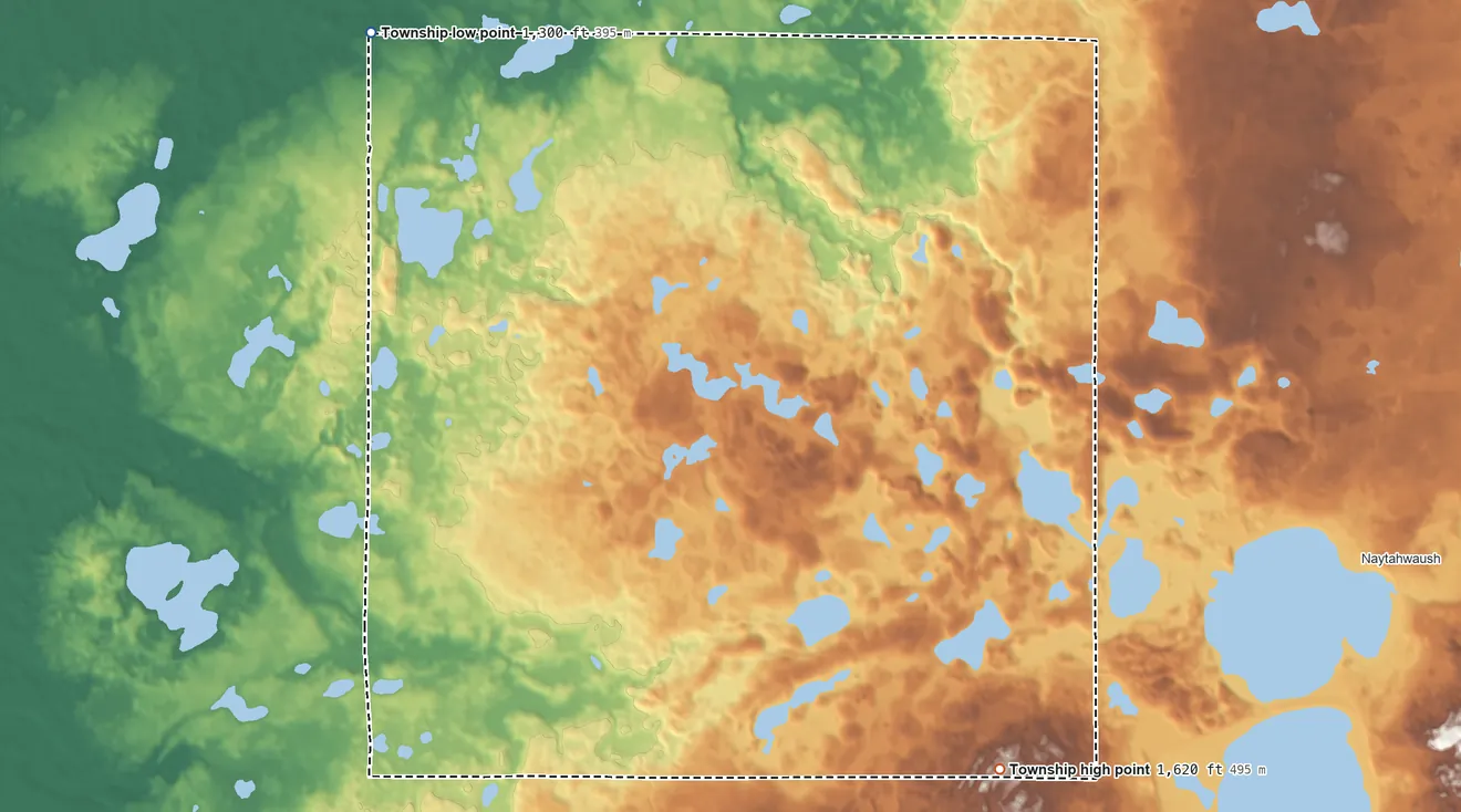Topographic elevation map of La Garde Township, Minnesota, shaded from 1,300 ft on the northwest side to 1,620 ft on the southeast side