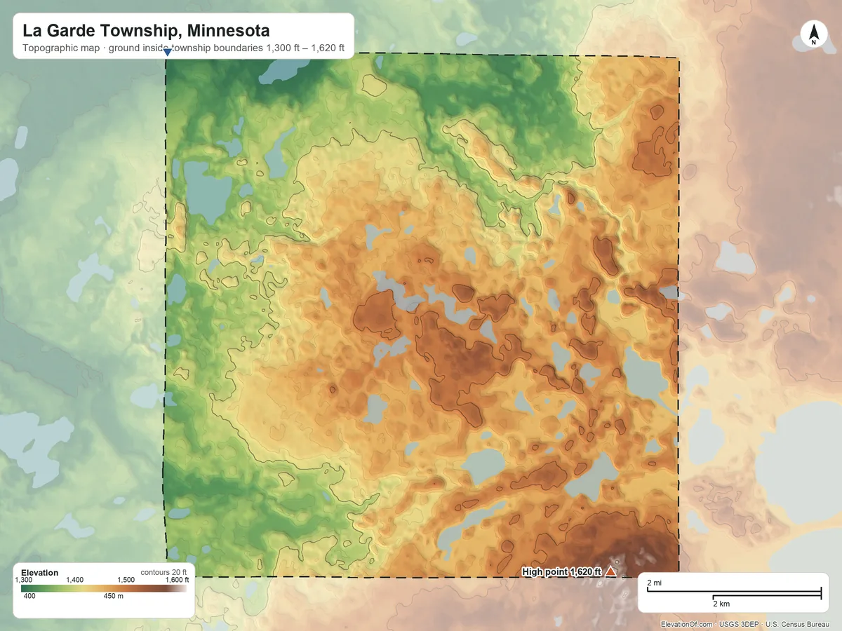 Topographic elevation map of La Garde Township, Minnesota, shaded from 1,300 ft on the northwest side to 1,620 ft on the southeast side