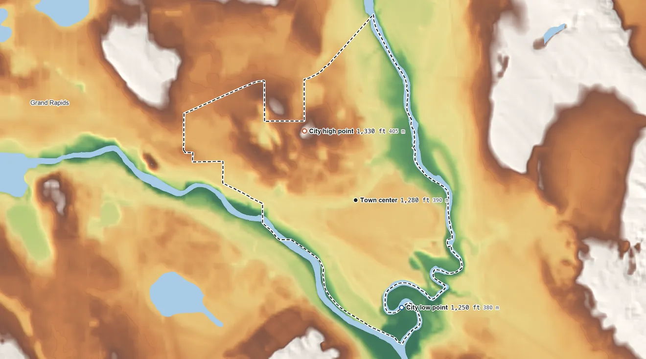 Topographic elevation map of La Prairie, Minnesota, shaded from 1,250 ft on the southeast side to 1,330 ft on the northwest side