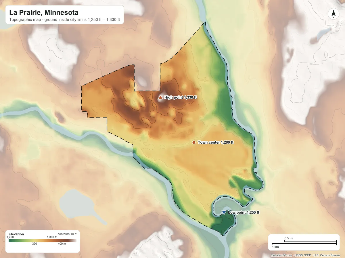 Topographic elevation map of La Prairie, Minnesota, shaded from 1,250 ft on the southeast side to 1,330 ft on the northwest side