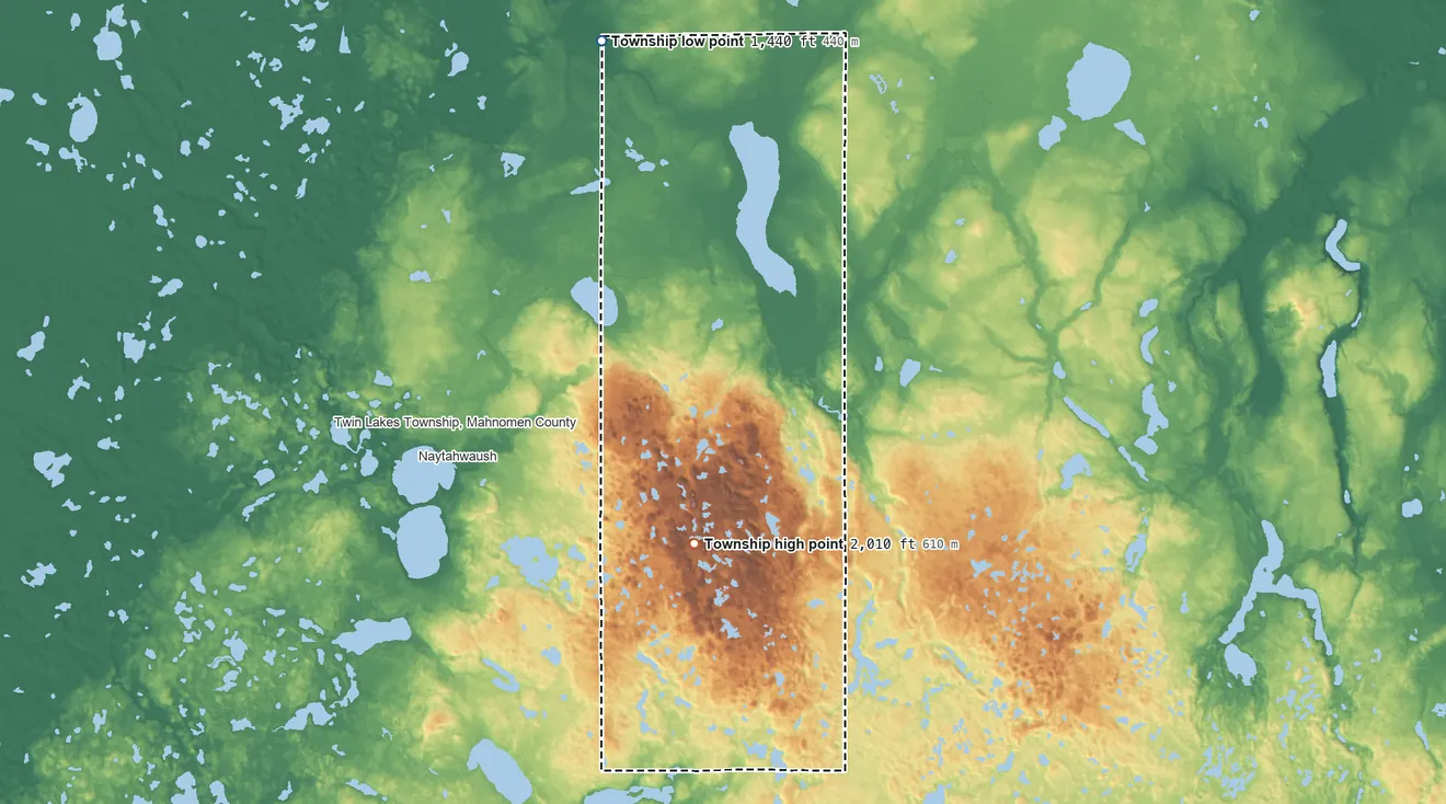 Topographic elevation map of La Prairie Township, Minnesota, shaded from 1,440 ft on the northwest side to 2,010 ft on the south side