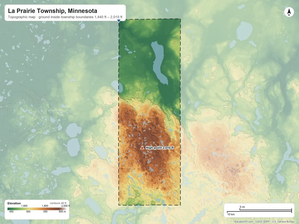 Topographic elevation map of La Prairie Township, Minnesota, shaded from 1,440 ft on the northwest side to 2,010 ft on the south side