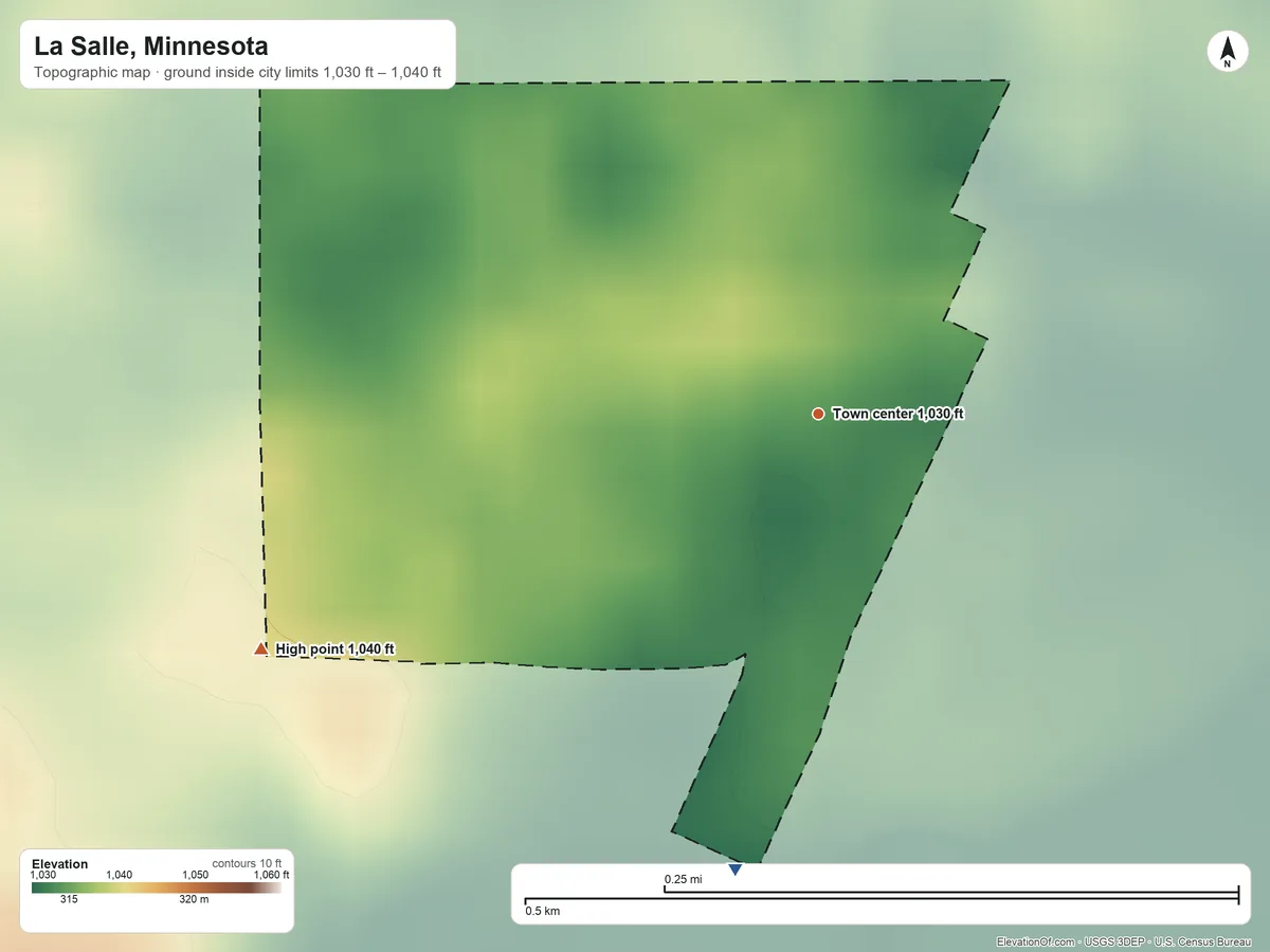 Topographic elevation map of La Salle, Minnesota, shaded from 1,030 ft on the south side to 1,040 ft on the southwest side