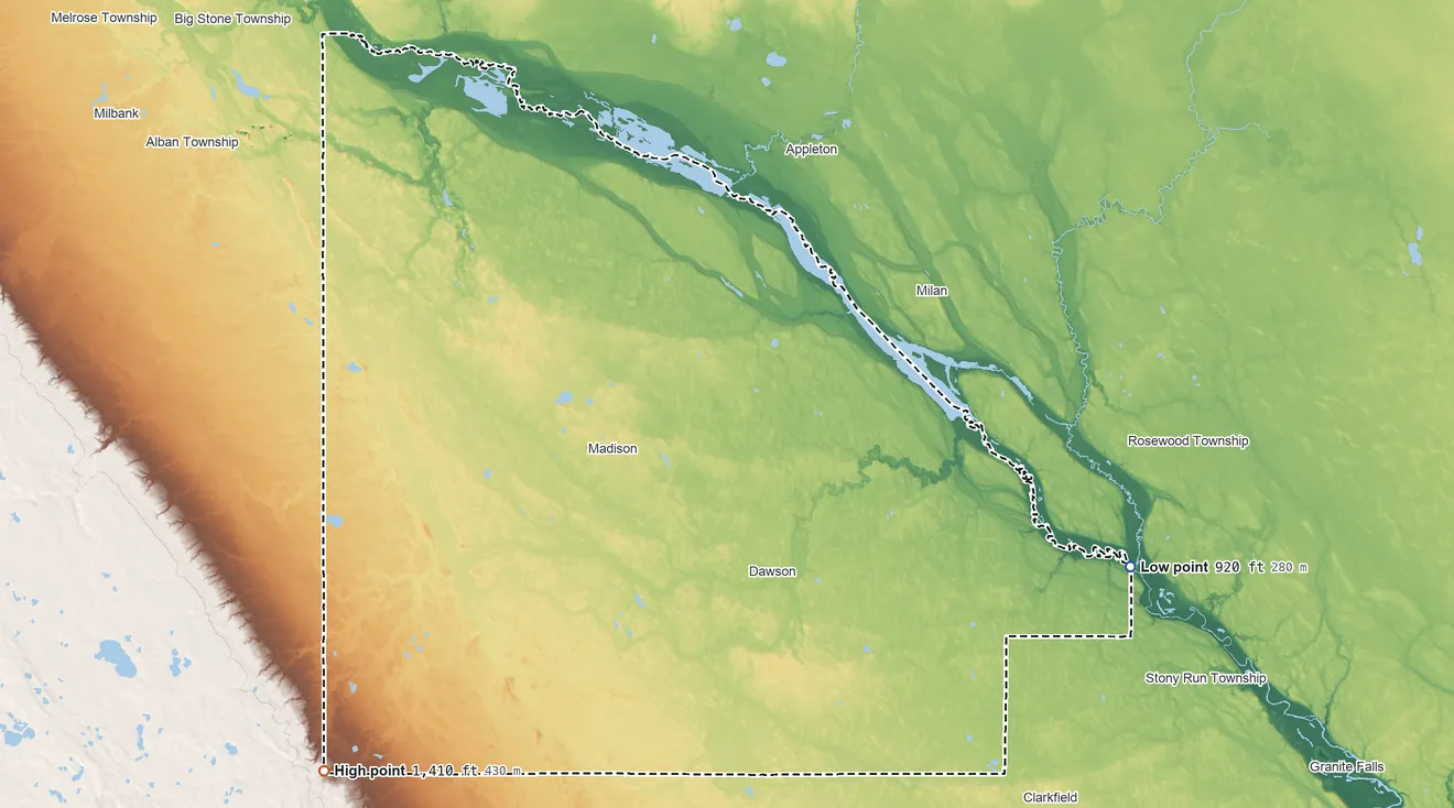 Topographic elevation map of Lac qui Parle County, Minnesota, shaded from 920 ft on the east side to 1,410 ft on the southwest side