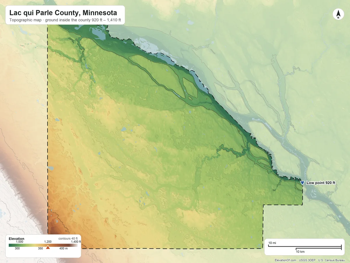 Topographic elevation map of Lac qui Parle County, Minnesota, shaded from 920 ft on the east side to 1,410 ft on the southwest side