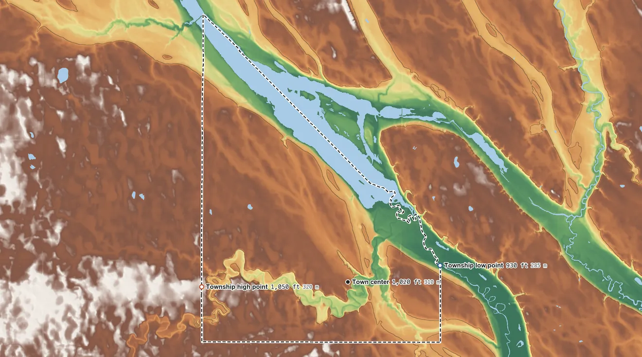 Topographic elevation map of Lac qui Parle Township, Minnesota, shaded from 930 ft on the east side to 1,050 ft on the west side