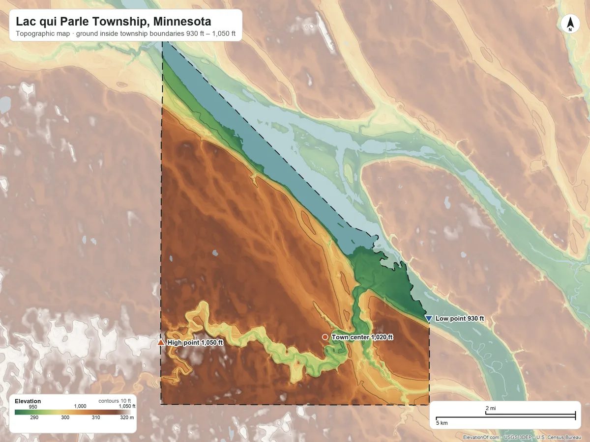 Topographic elevation map of Lac qui Parle Township, Minnesota, shaded from 930 ft on the east side to 1,050 ft on the west side