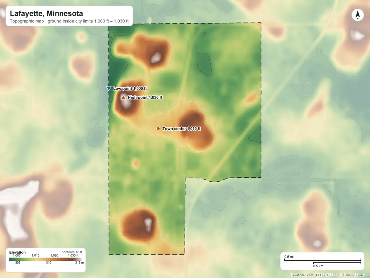 Topographic elevation map of Lafayette, Minnesota, shaded from 1,000 ft on the northwest side to 1,030 ft on the northwest side