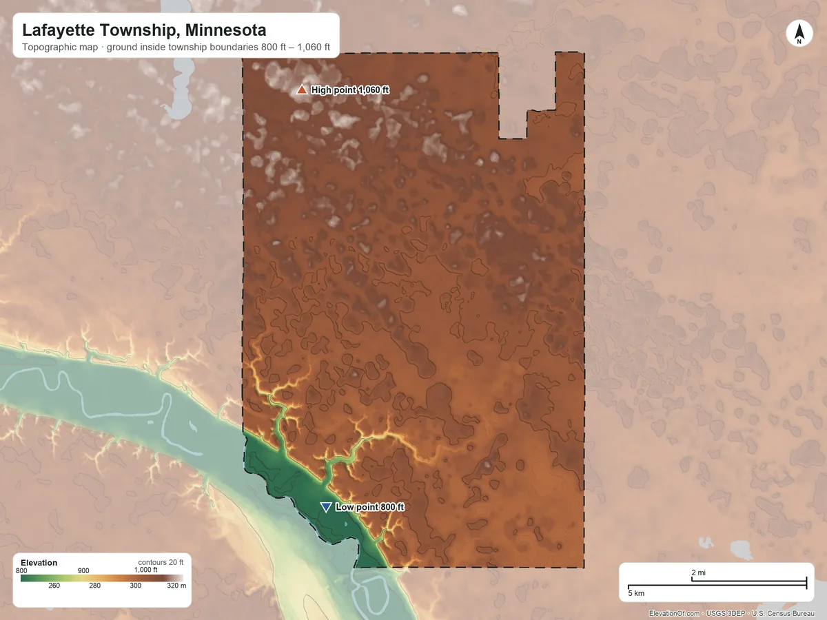 Topographic elevation map of Lafayette Township, Minnesota, shaded from 800 ft on the southwest side to 1,060 ft on the north side