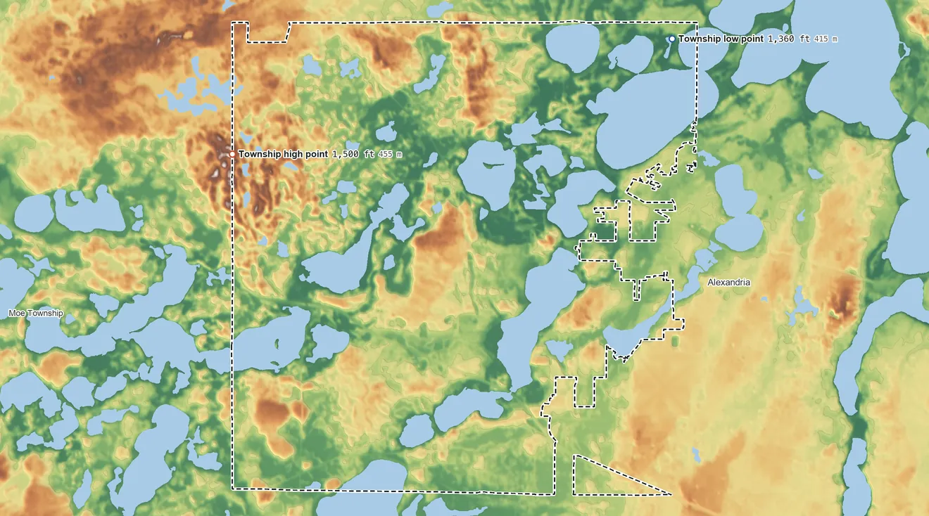 Topographic elevation map of LaGrand Township, Minnesota, shaded from 1,360 ft on the northeast side to 1,500 ft on the west side
