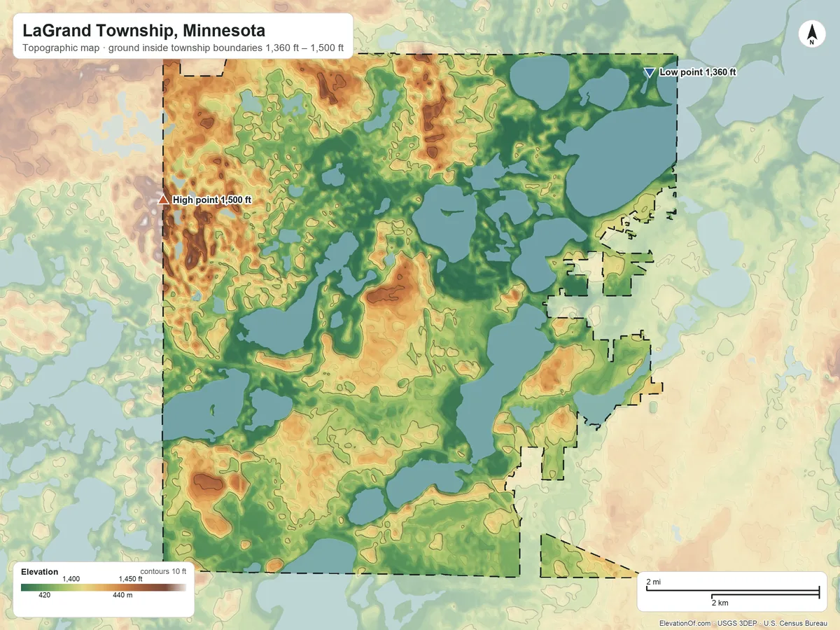 Topographic elevation map of LaGrand Township, Minnesota, shaded from 1,360 ft on the northeast side to 1,500 ft on the west side