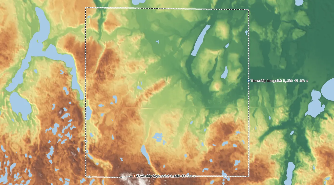 Topographic elevation map of Lake Alice Township, Minnesota, shaded from 1,410 ft on the east side to 1,680 ft on the south side