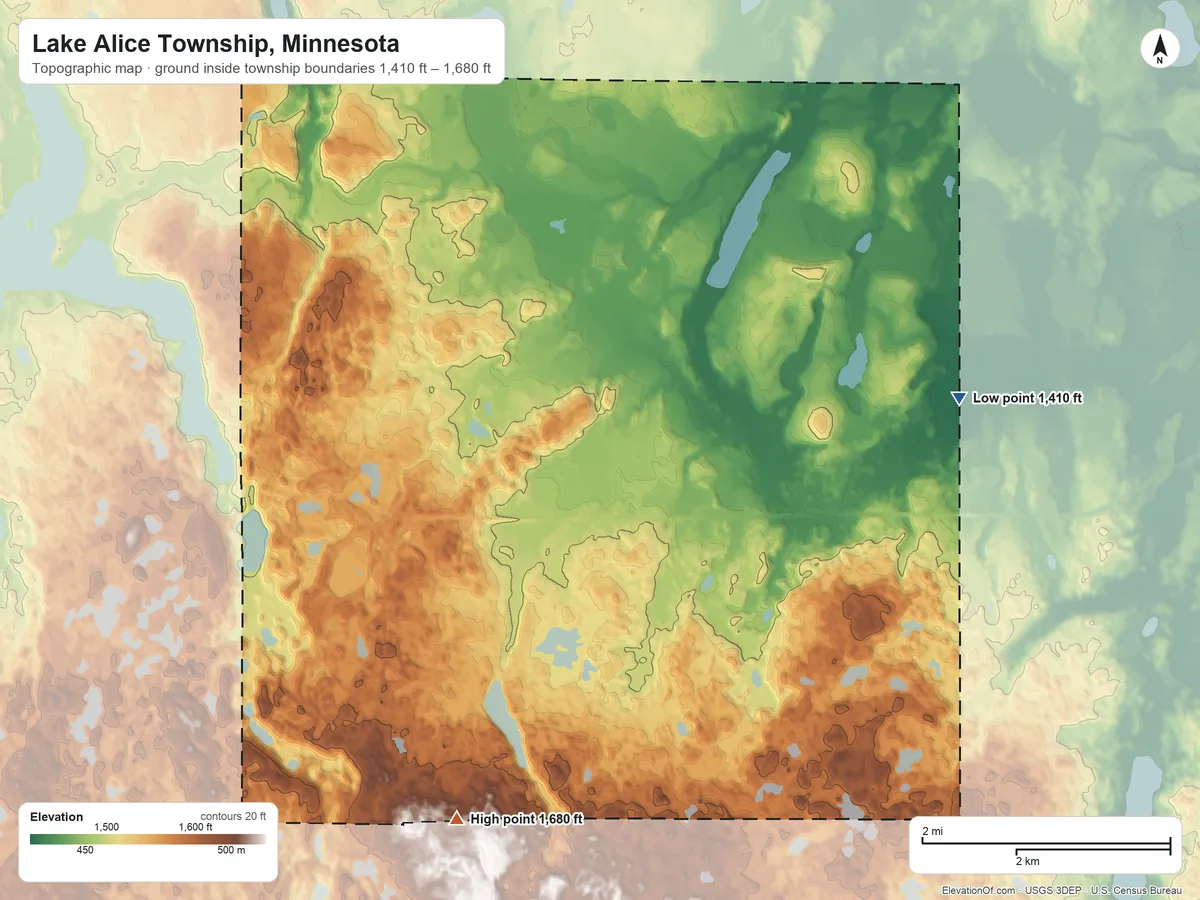 Topographic elevation map of Lake Alice Township, Minnesota, shaded from 1,410 ft on the east side to 1,680 ft on the south side