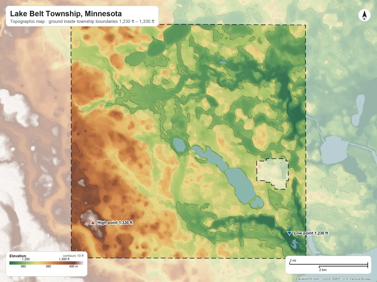 Topographic elevation map of Lake Belt Township, Minnesota, shaded from 1,230 ft on the southeast side to 1,330 ft on the southwest side