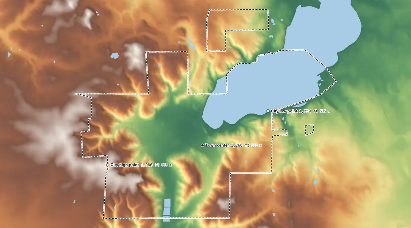 Topographic elevation map of Lake Benton, Minnesota, shaded from 1,750 ft on the northeast side to 1,980 ft on the west side