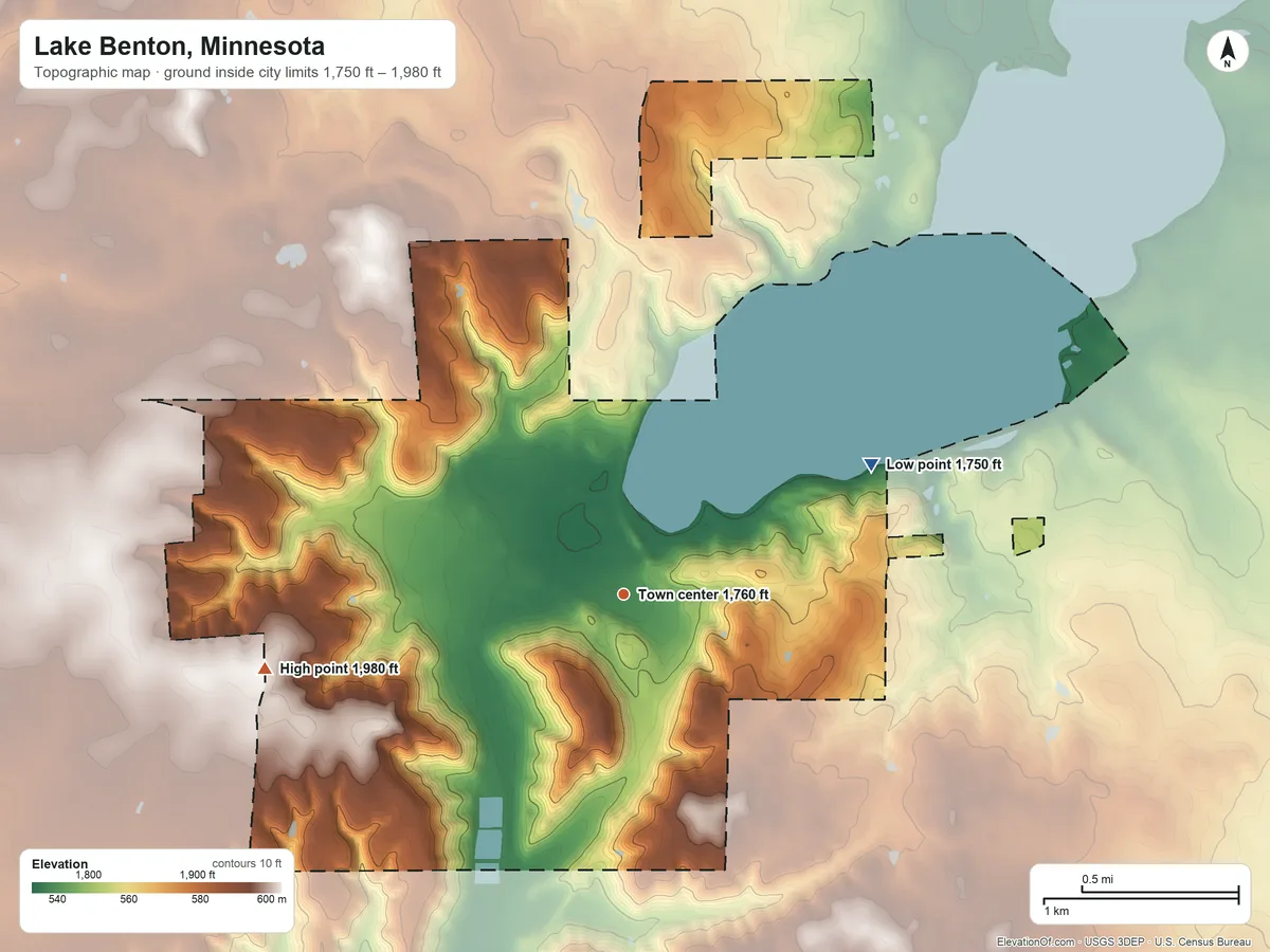 Topographic elevation map of Lake Benton, Minnesota, shaded from 1,750 ft on the northeast side to 1,980 ft on the west side